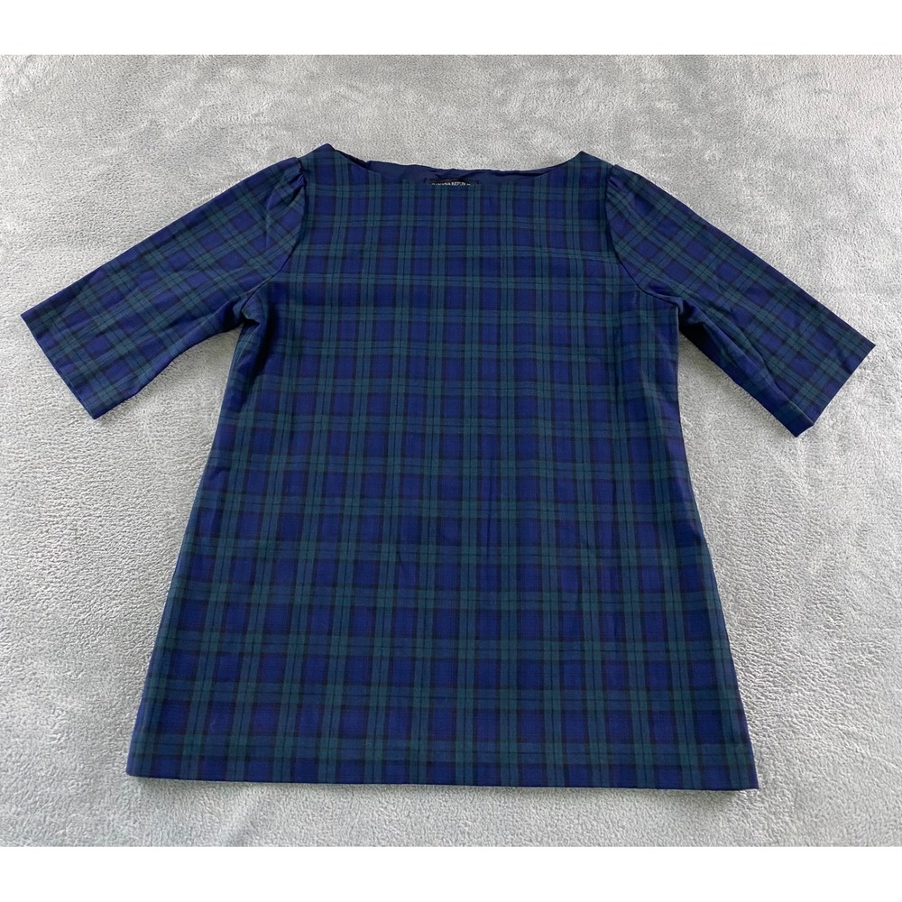 Banana Republic Womens Navy Blue Green Black Watch Plaid Boatneck Top XS Elbow